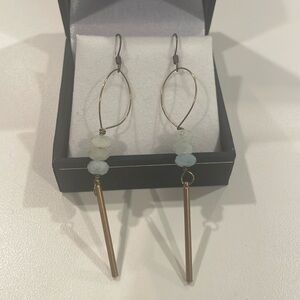 Stone and gold bar blue dangle hook earrings 2” long